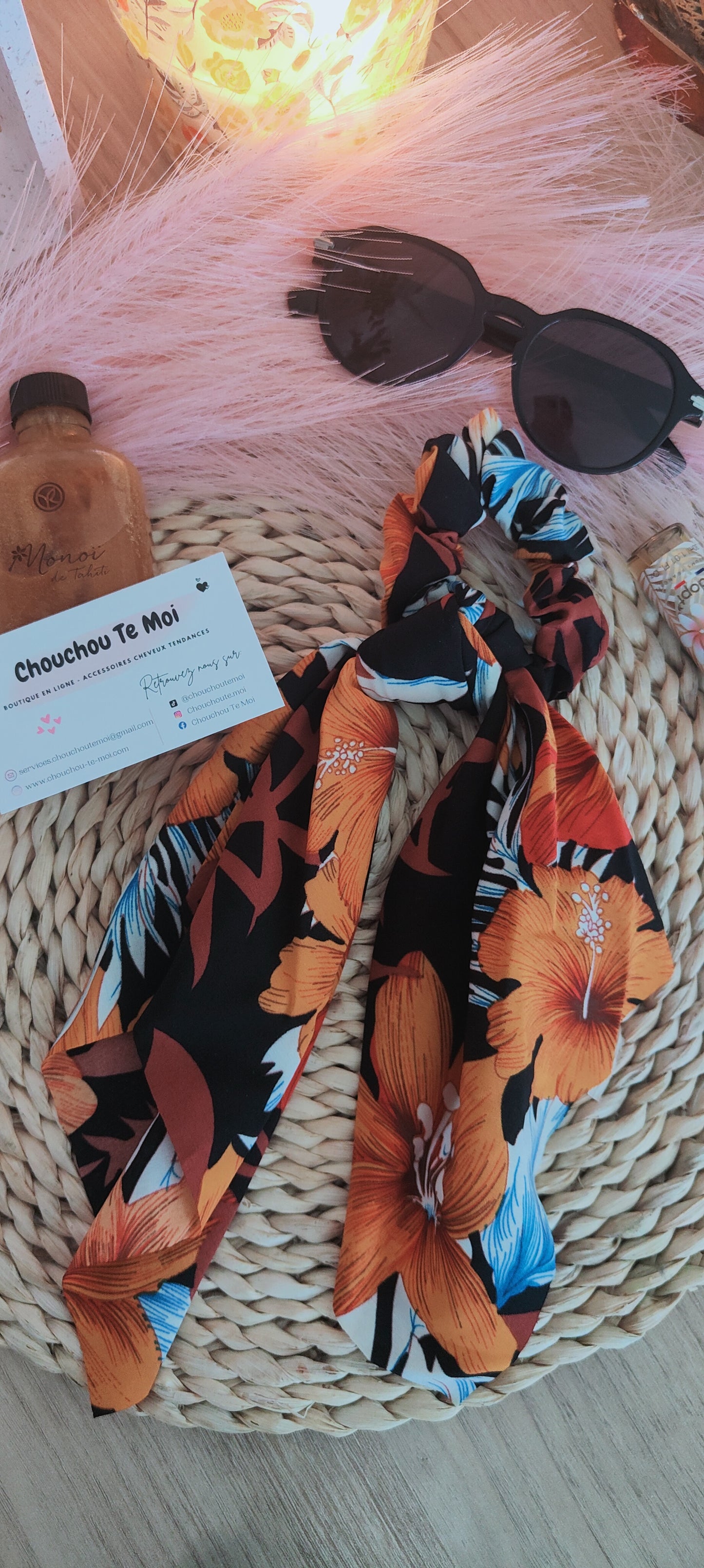 Chouchou Foulard Long Fleuris Noir Orange