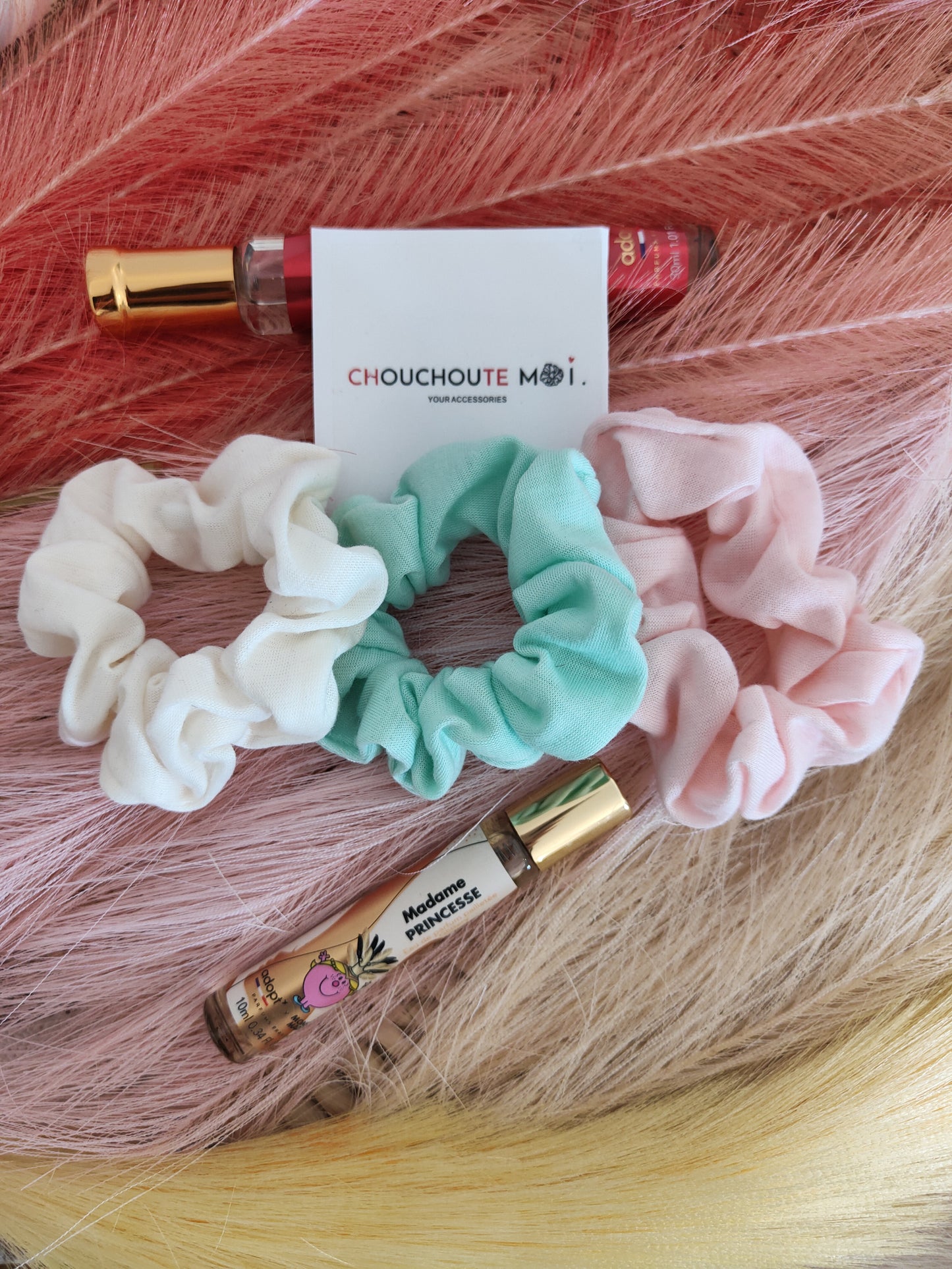 Lot de 3 Chouchous Cheveux Satin Velours Rose Crème Vert