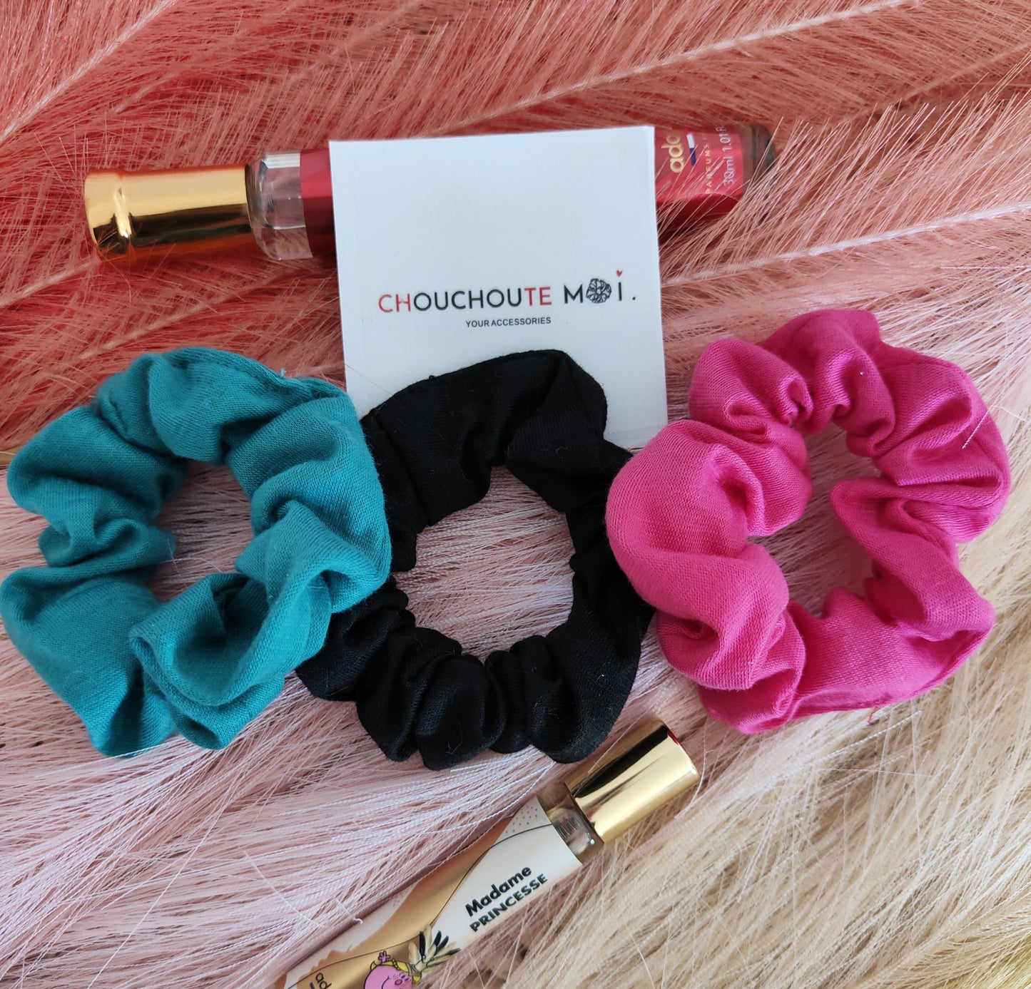 Lot de 3 Chouchous Cheveux Satin Velours Rose Noir Vert