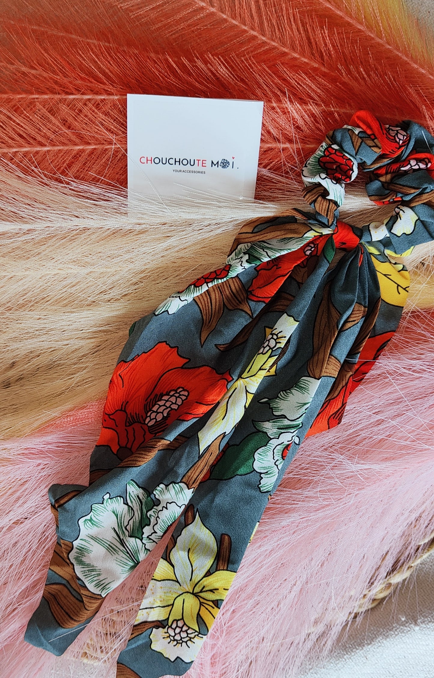 Chouchou Foulard Long Fleurs Gris