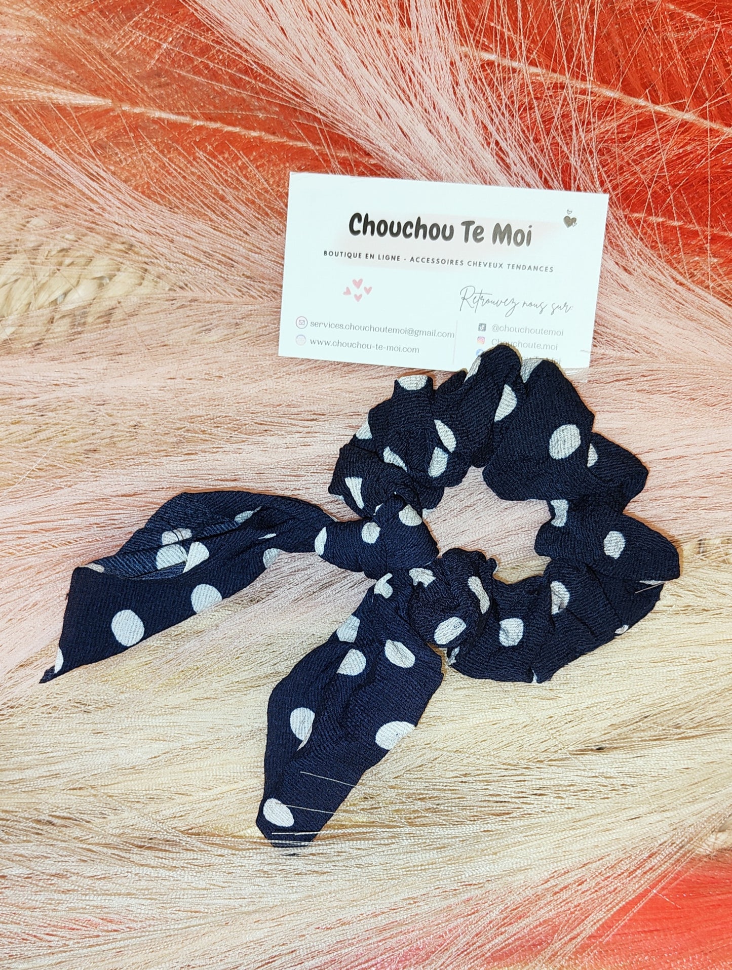 Chouchou Foulard Court Bleu Marine à Pois