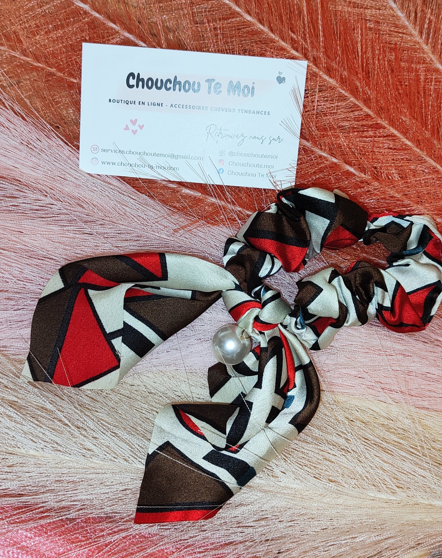 Chouchou Foulard Court avec Perle Vintage Marron Rouge