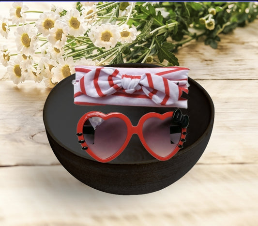 Bandeau Blanc Rayures Rouge + Lunette Coeur Rouge
