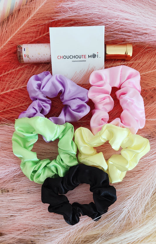 Lot de 5 Chouchous Cheveux Satin Jaune Vert Violet Rose Noir