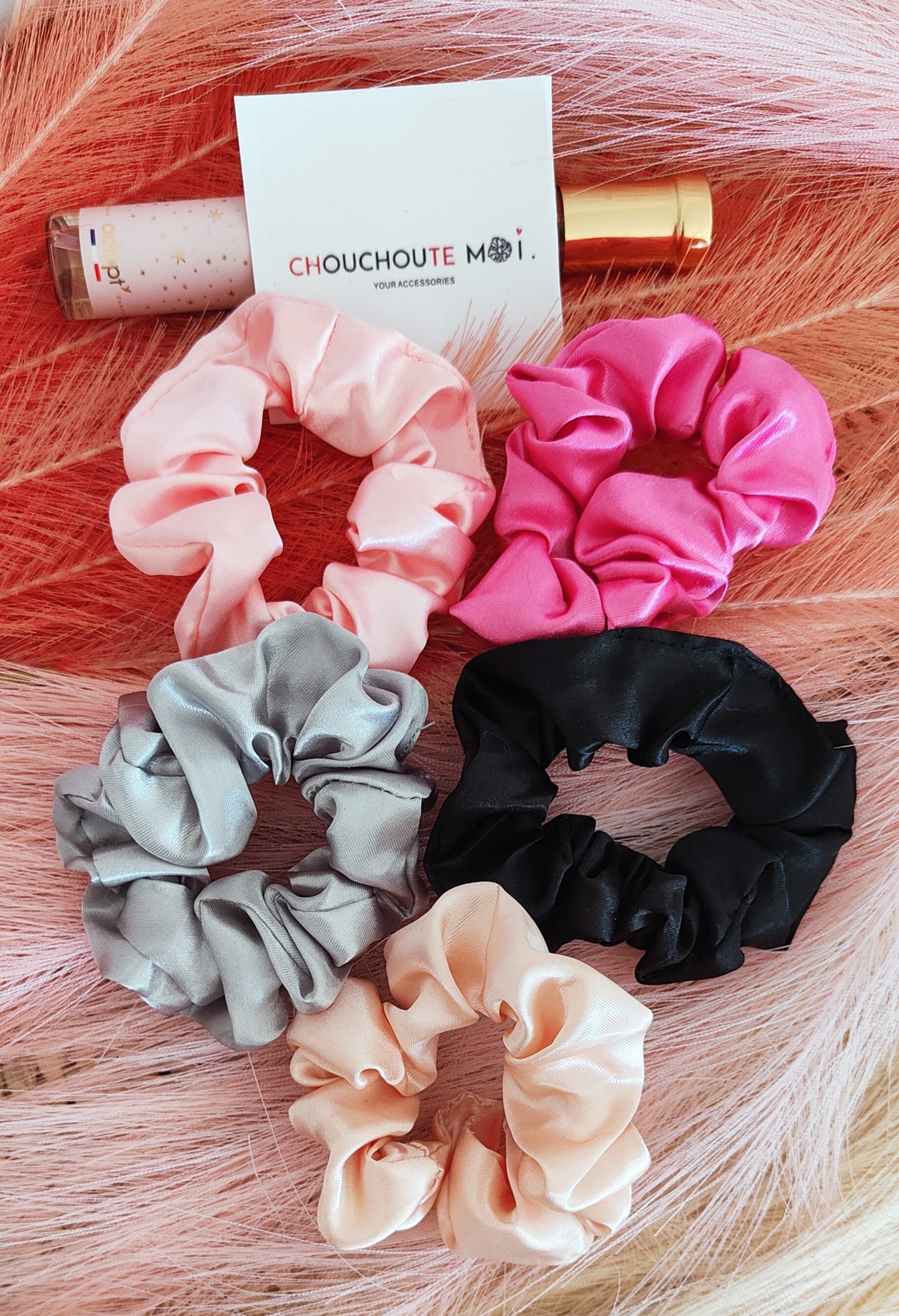 Lot de 5 Chouchous Cheveux Satin Rose Gris Noir