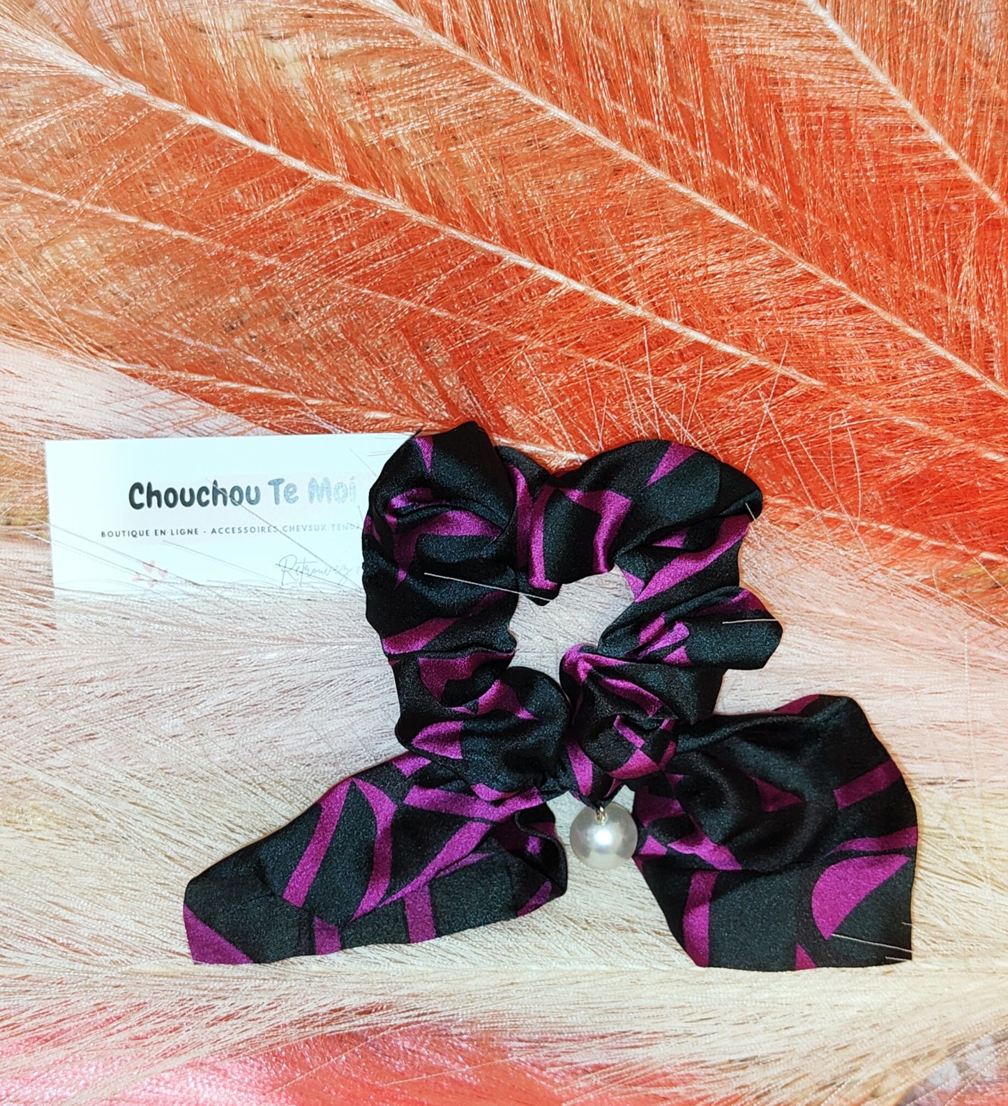 Chouchou Foulard Court avec Perle Vintage Noir Violet