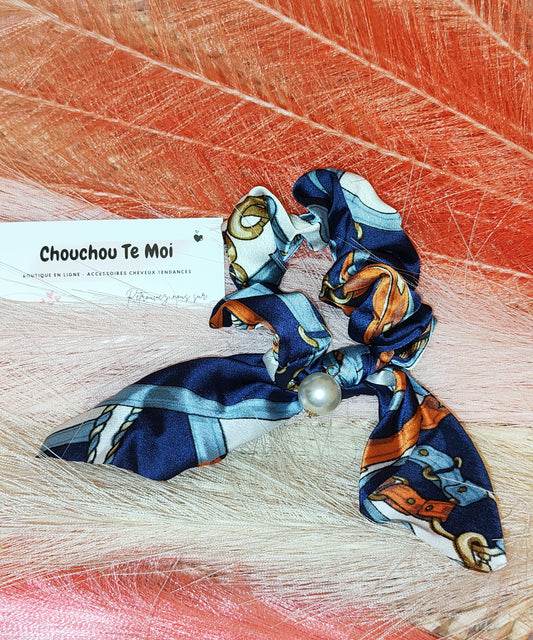 Chouchou Foulard Court avec Perle Vintage Bleu Orange