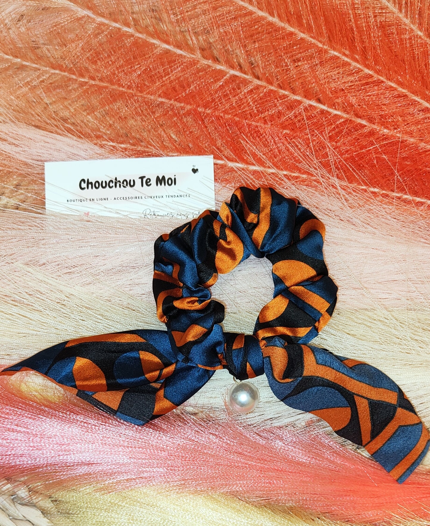 Chouchou Foulard Court avec Perle Vintage Orange Bleu