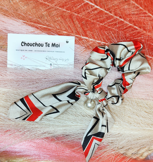 Chouchou Foulard Court avec Perle Vintage Rouge Noir